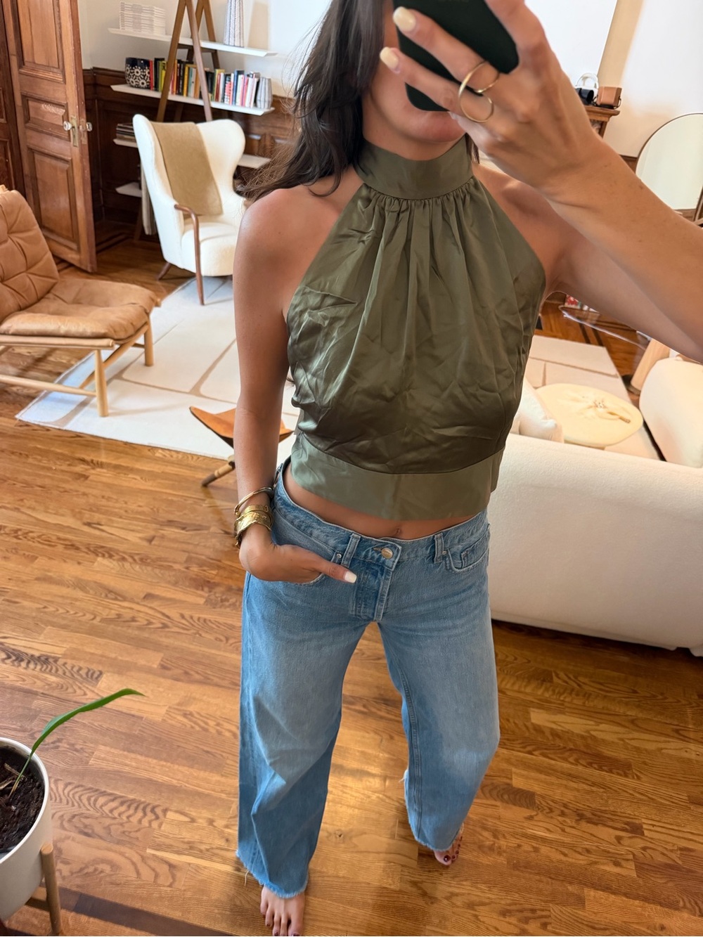 Club Monaco Olive 100% Silk Halter Crop Top - Size S